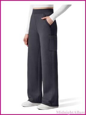 Fleece Lined Wide Leg Cargo Sweatpants High Rise Pull On Lounge Pants